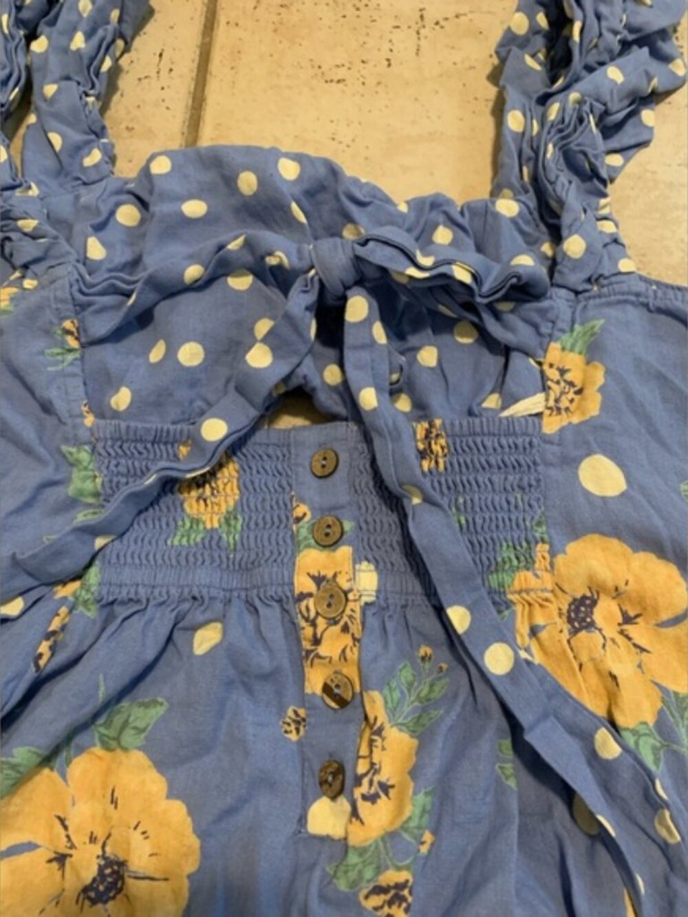 Free People Blue Yellow Floral Polka Dot Smocked Mini Dress XL - Picture 3 of 10